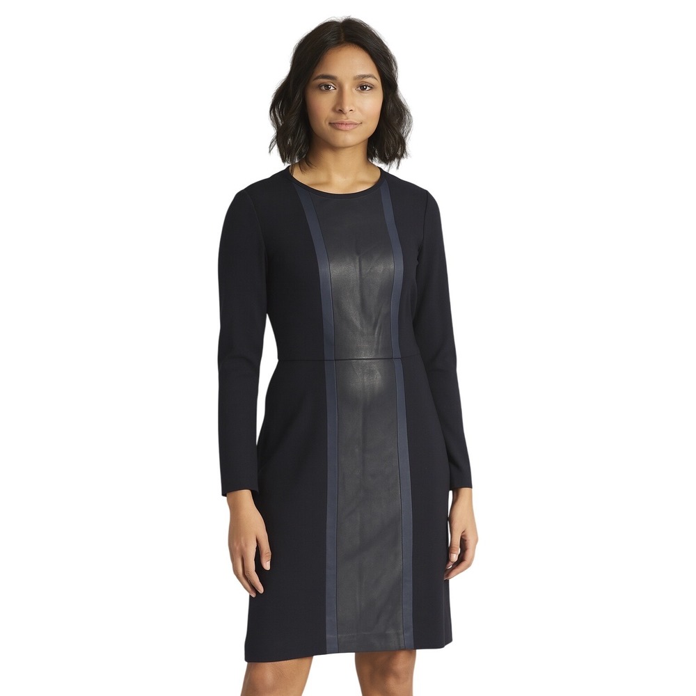 J. Crew Black Long Sleeve Sheath Dress Leather Panel Career Party NWT Size 8
